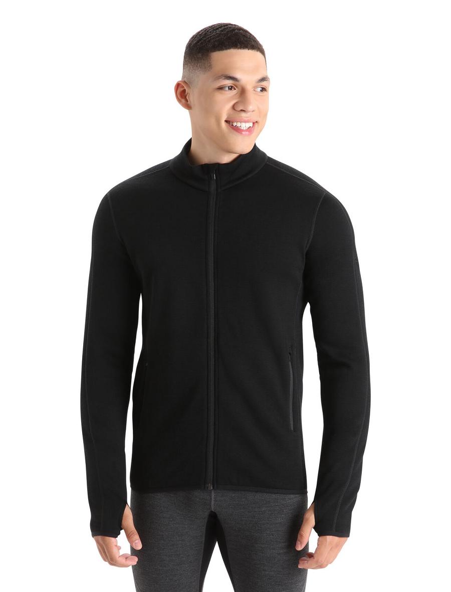 Men\'s Icebreaker RealFleece™ Merino Elemental Long Sleeve Zip Jacket Hoodie Black | CA 1696PJJQ